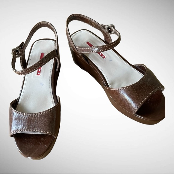 PRADA BROWN WEDGE SANDALS SIZE 37 - Picture 9 of 16
